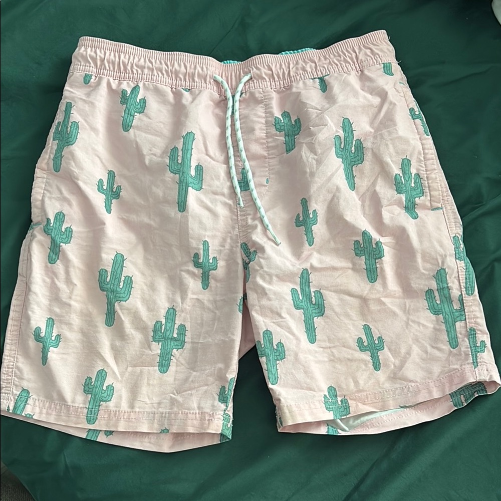 Pink Swim Trunks with Green Cactus Print